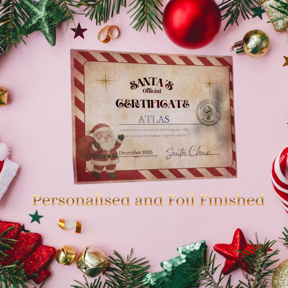 Personalised Santa Nice List Certificate with Foiled Finish, A4
