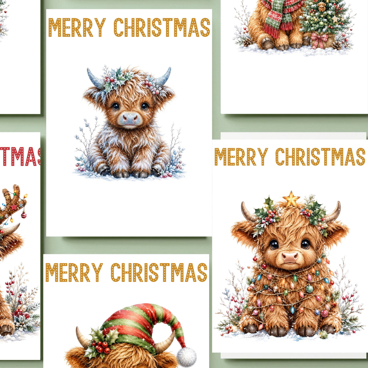 Christmas Card Set, Six Highland Cow Designs, 3 x 6 Inch Glossy Cardstock
