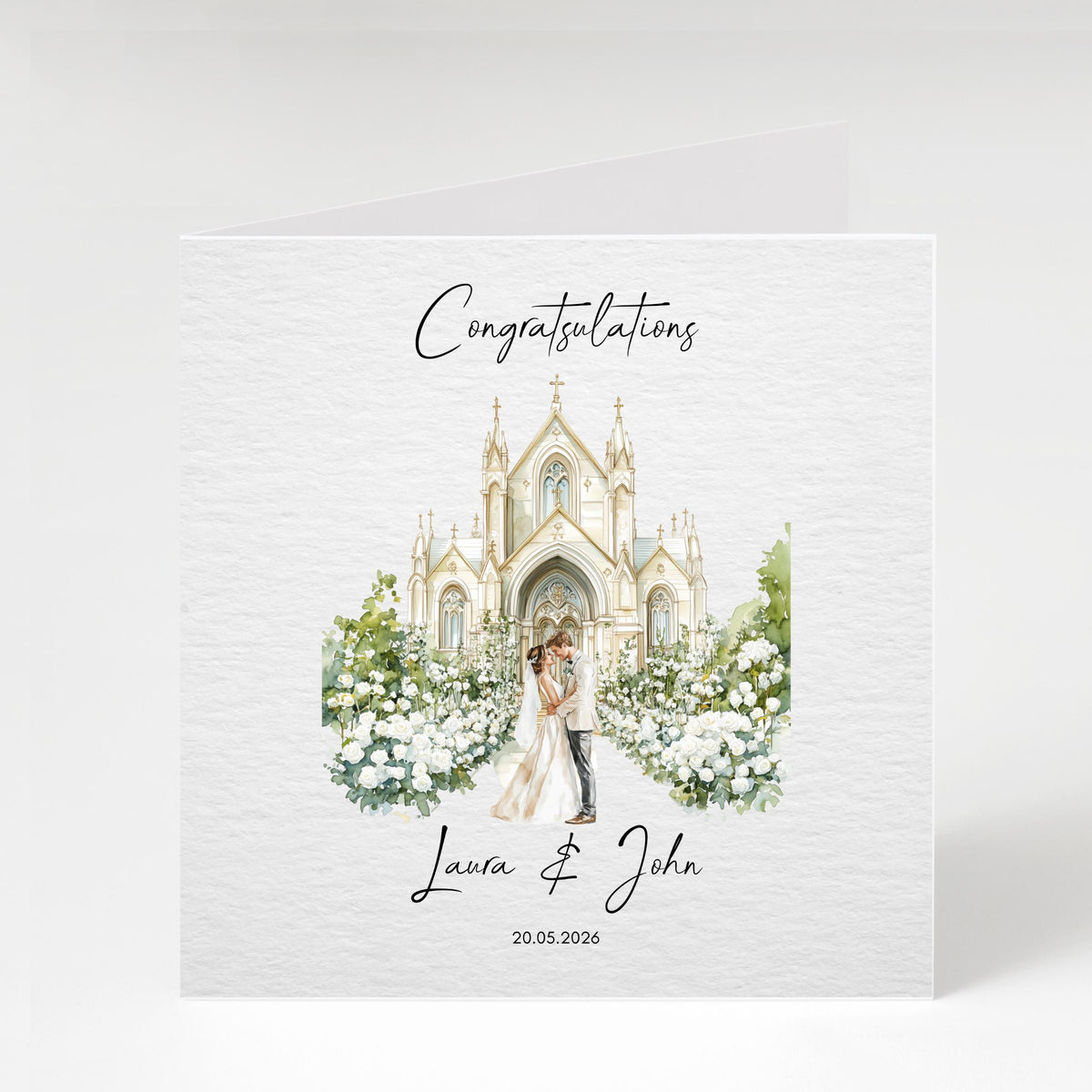 Custom Wedding Card with Couple's Names and Date, Floral Church Design