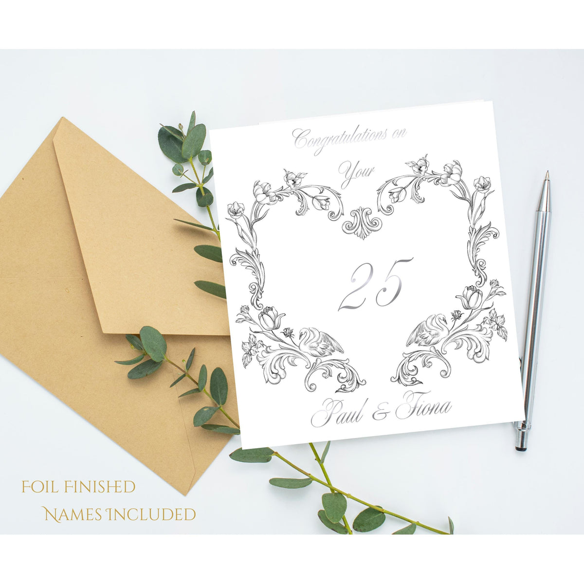 25Th Anniversary Card with Silver Foiled Design, Personalized Floral Keepsake