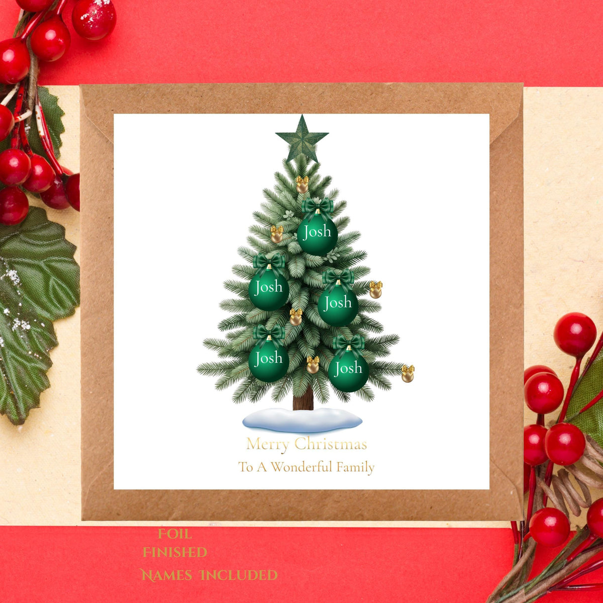 Custom Family Card with Foil Finish, Personalized Names for Holiday Greetings