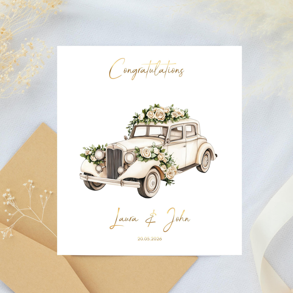 Personalised Vintage Wedding Card, Floral Car Design with Gold Foil