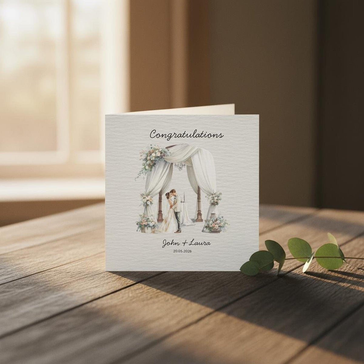 Custom Wedding Card with Floral Watercolour Design, Personalized Names and Date