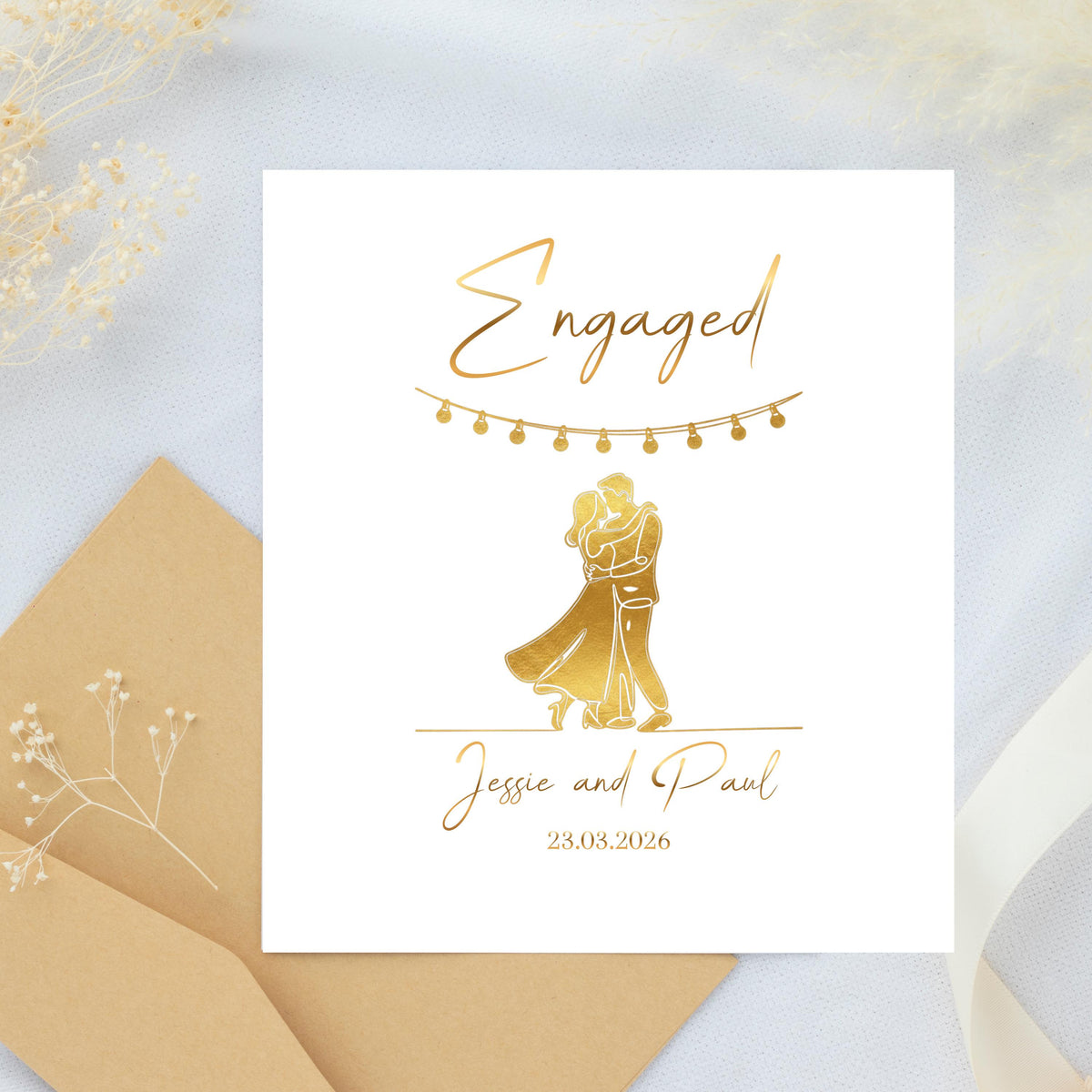 Foil Engagement Card, Gold Dance Couple Illustration, Personalized Names And Date