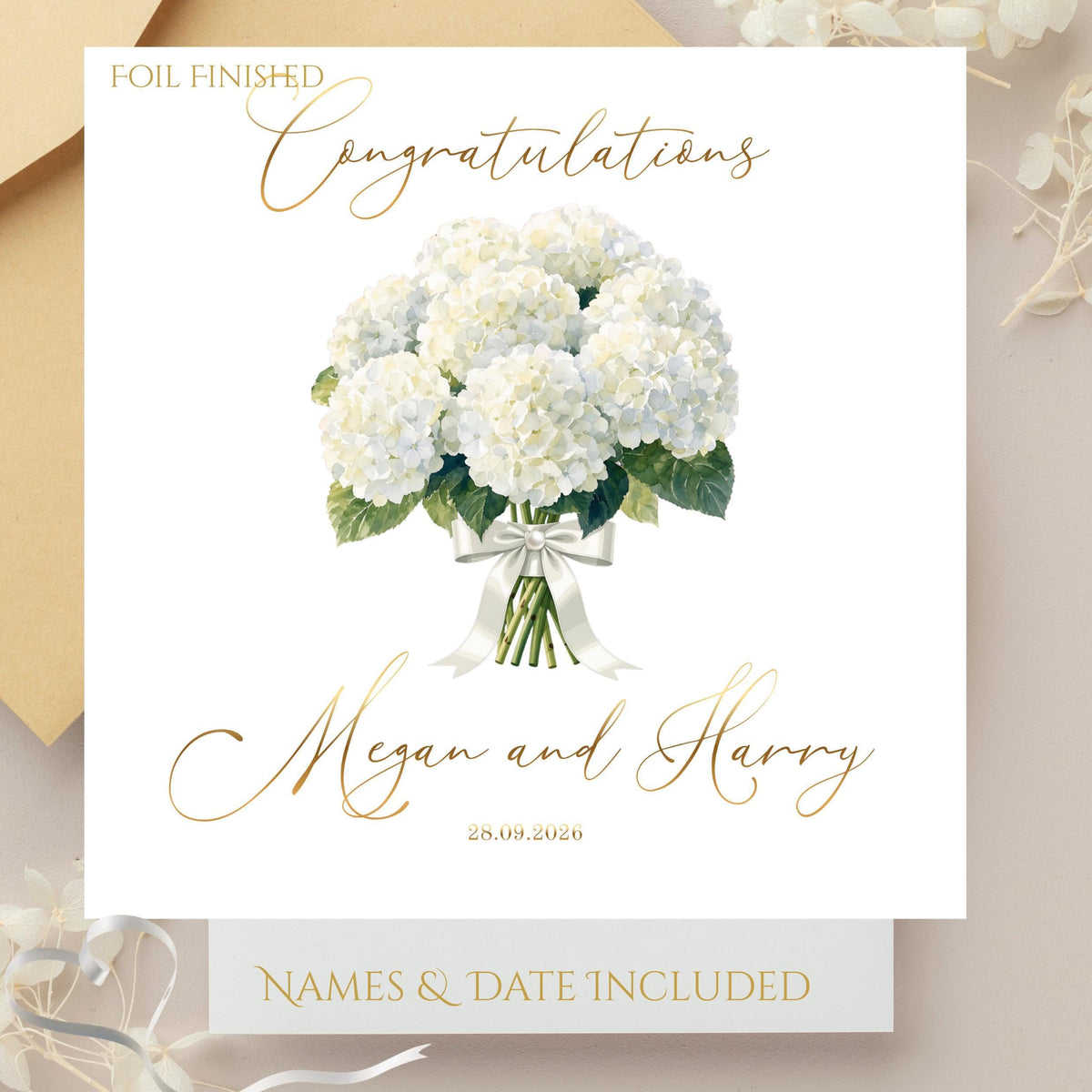 Wedding Card Foil with Hydrangea Design, Custom Names and Date