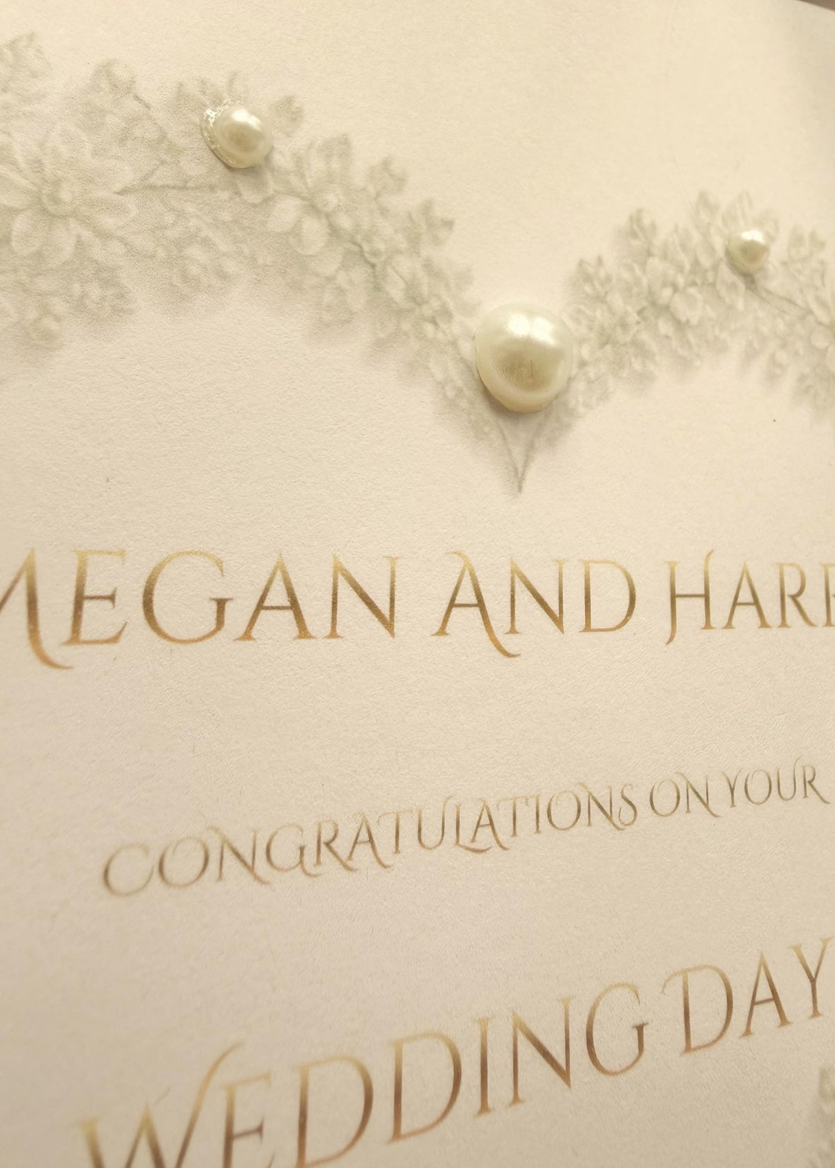 Personalized Wedding Card with Foil Finish and Faux Pearls, Custom Names and Date