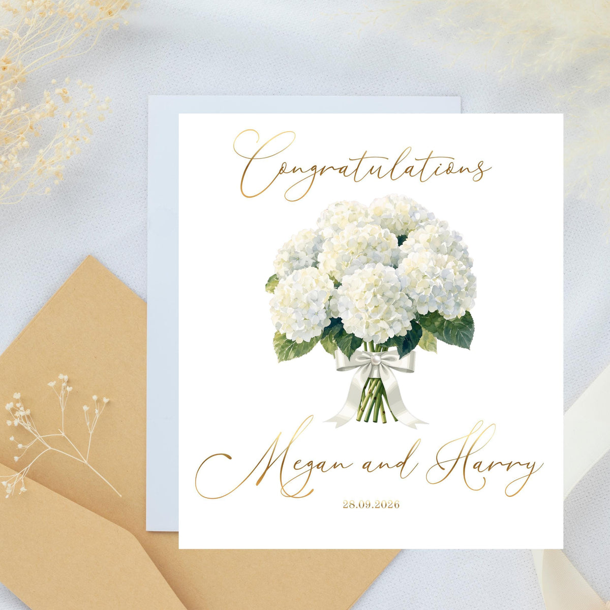 Wedding Card Foil with Hydrangea Design, Custom Names and Date