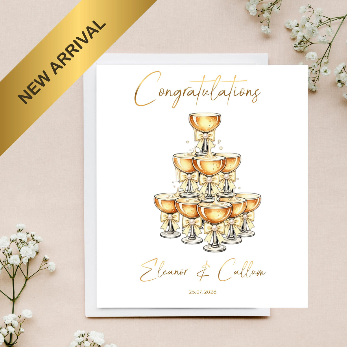 Custom Wedding Card with Foil Finish and Faux Pearls,  Names & Date Included