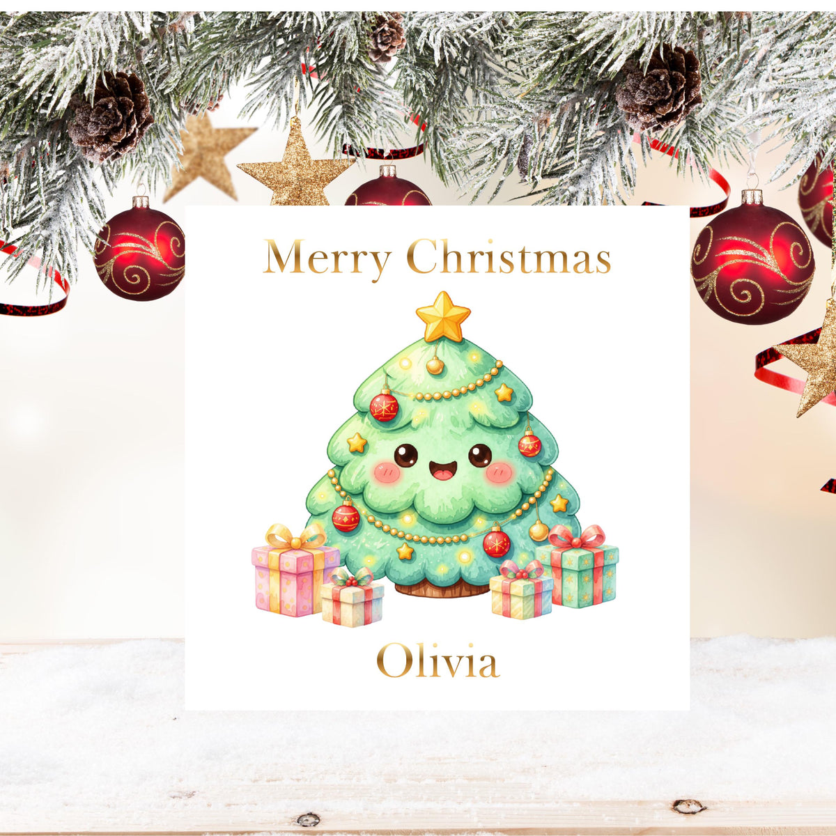 Personalised Name Christmas Tree Card, Gold Foil Finish