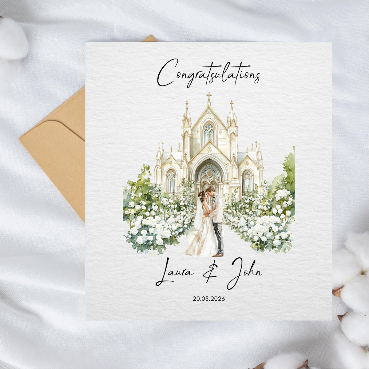 Custom Wedding Card with Couple's Names and Date, Floral Church Design