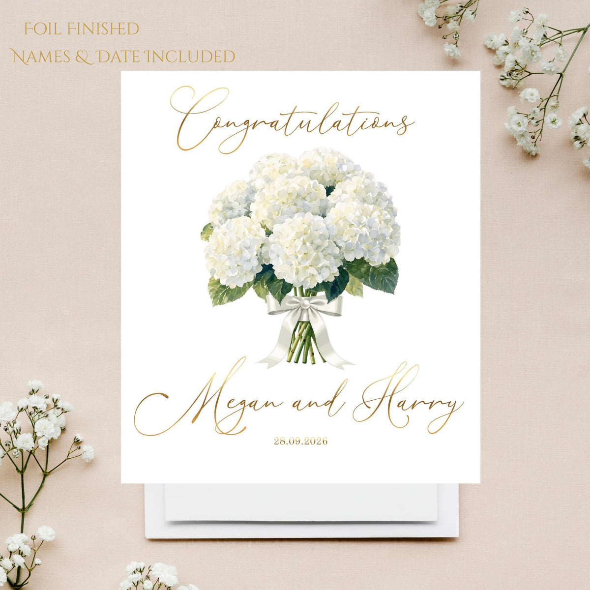 Wedding Card Foil with Hydrangea Design, Custom Names and Date
