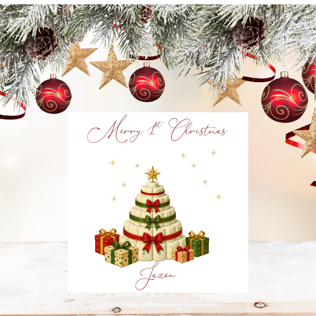 Personalised 1st Christmas Card, Custom Child Name 1st Greeting, Red Foil Finish