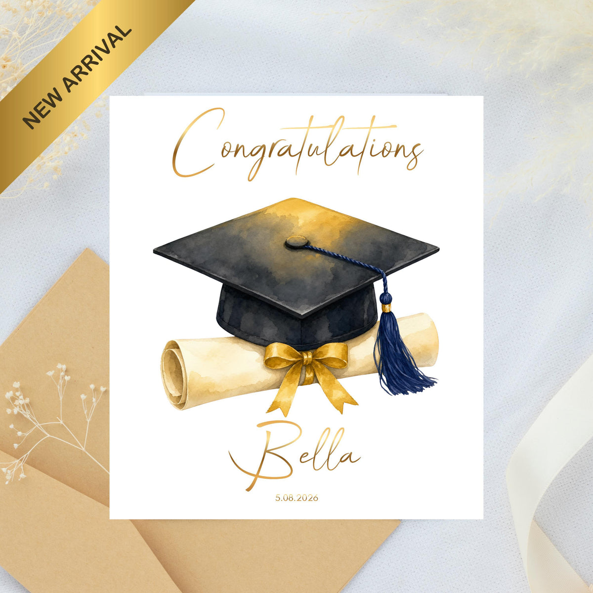 Foil Graduation Card, Custom Name and Date Design for Celebrations
