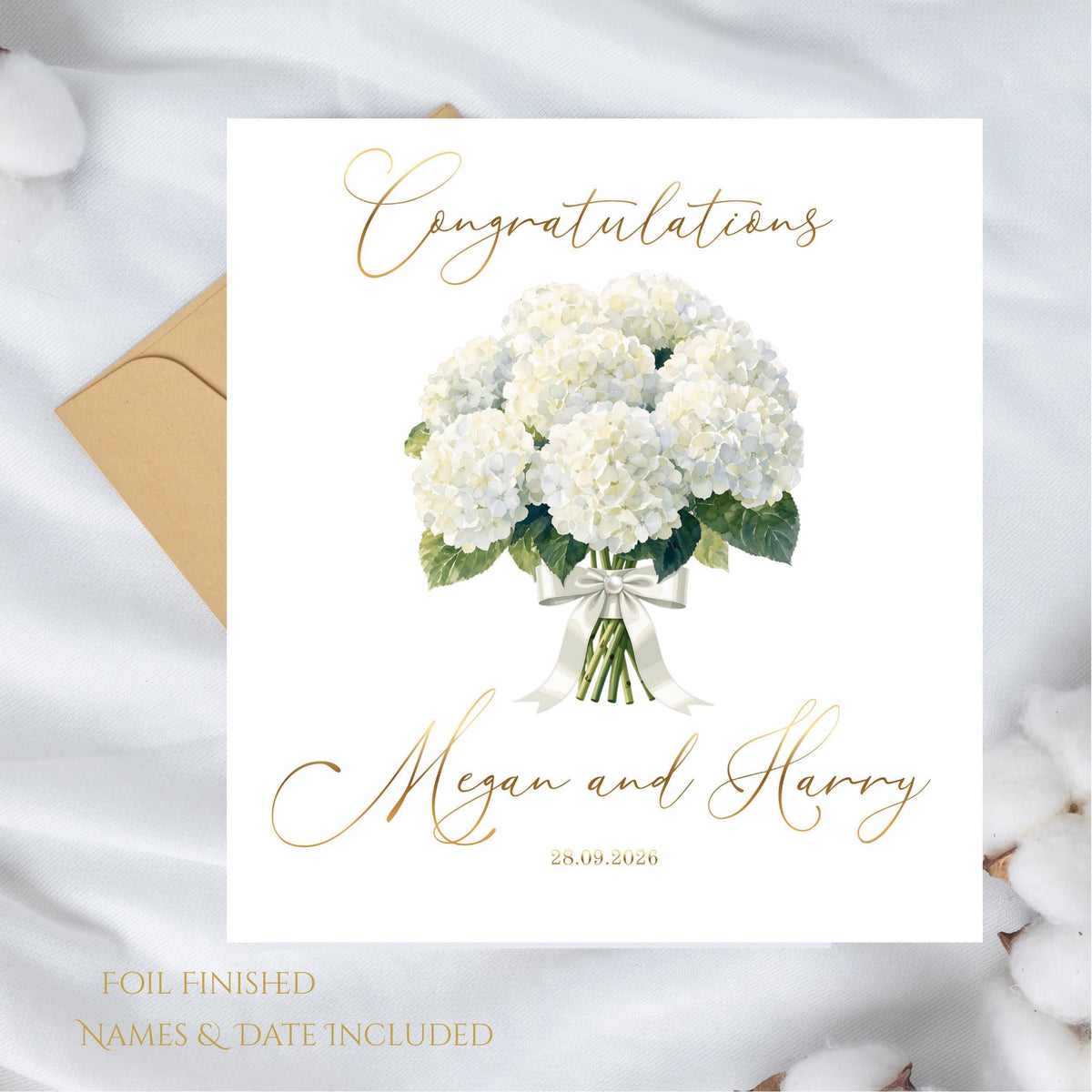Wedding Card Foil with Hydrangea Design, Custom Names and Date