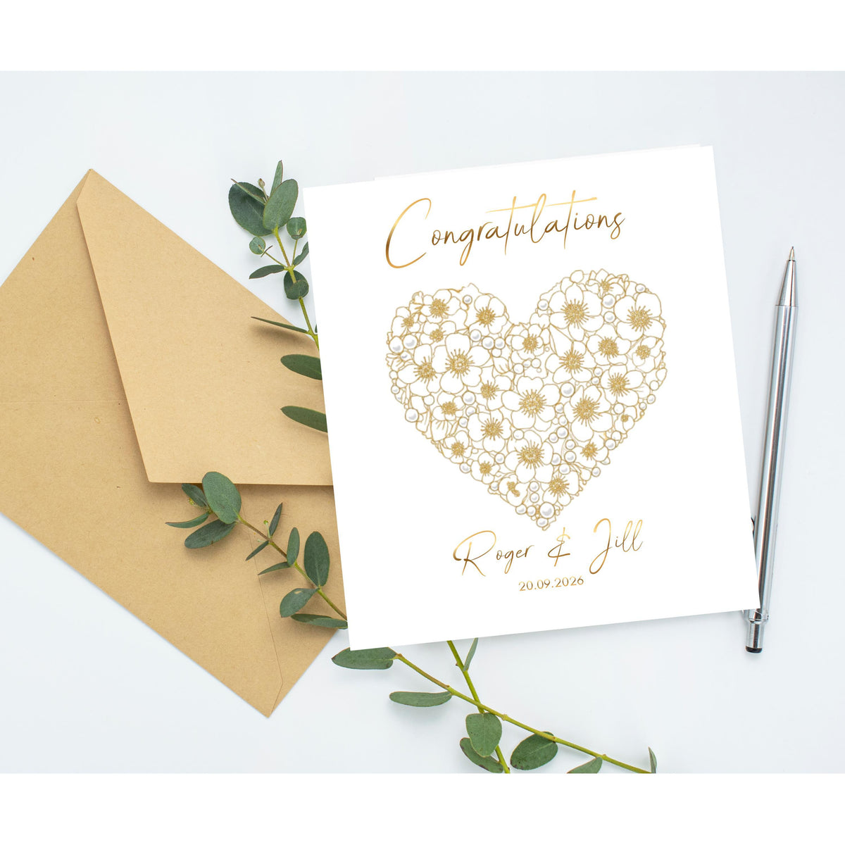 Personalized Wedding Card with Gold Foil Finish, Custom Names and Date