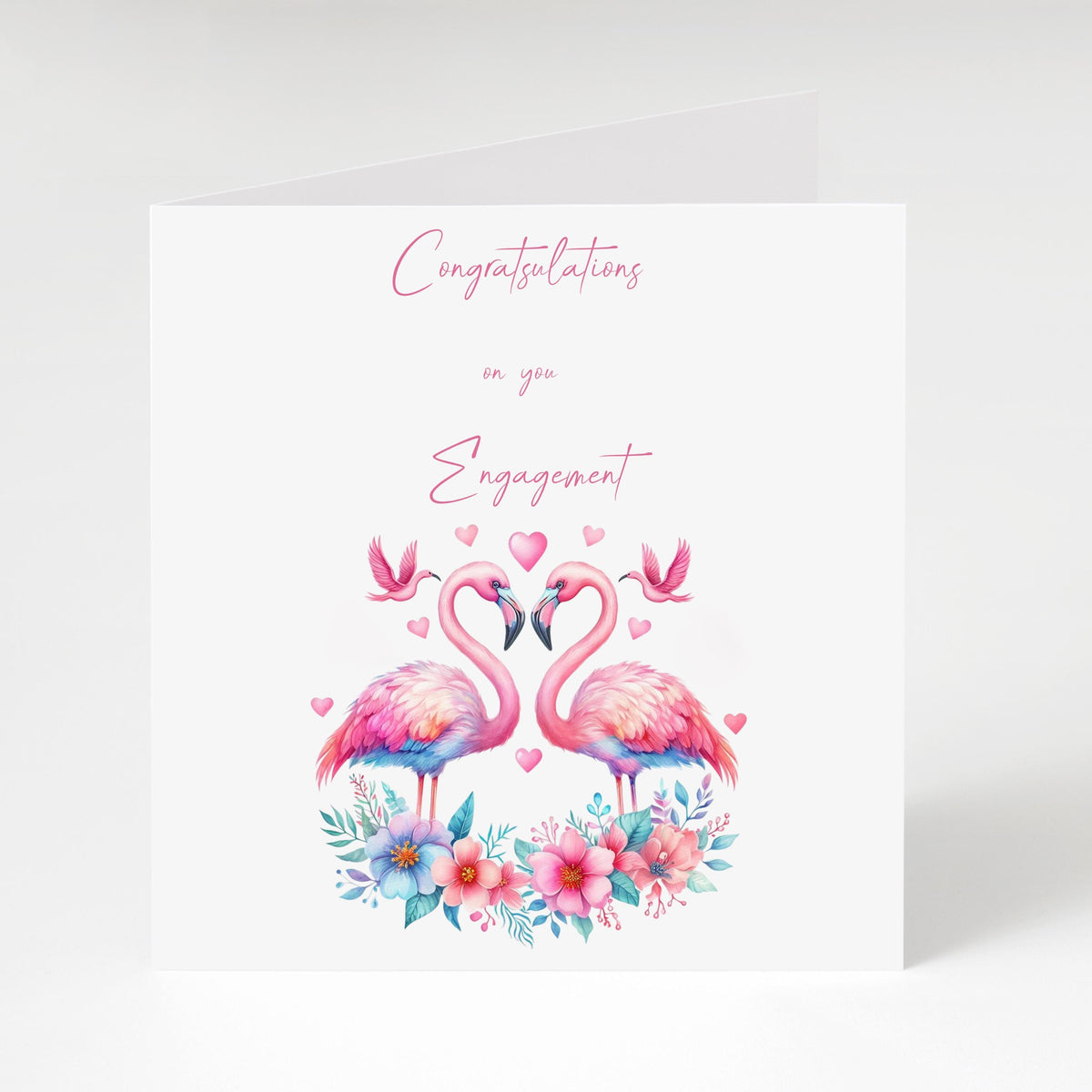 Engagement Card with Pink Flamingos, 6 x 6 Handwritten Style Design