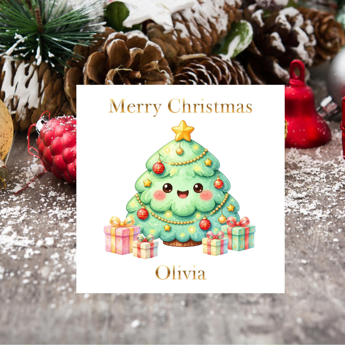Personalised Name Christmas Tree Card, Gold Foil Finish
