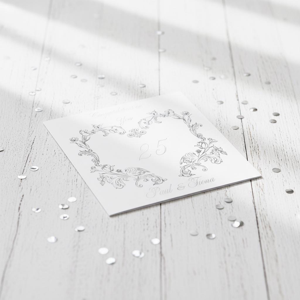 25Th Anniversary Card with Silver Foiled Design, Personalized Floral Keepsake