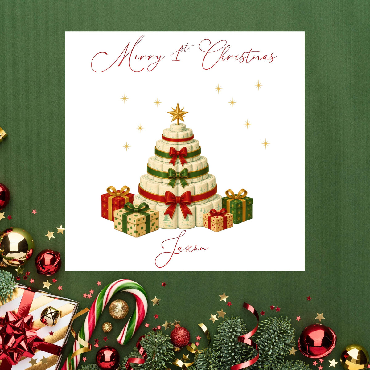 Personalised 1st Christmas Card, Custom Child Name 1st Greeting, Red Foil Finish
