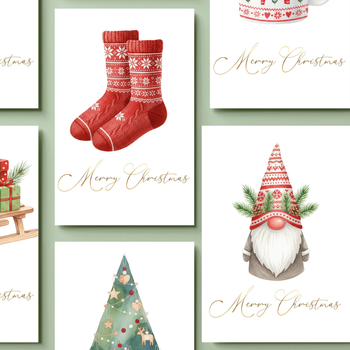 Christmas Card Set, Six Festive Greetings with Scandinavian Illustration's and Gold Foil