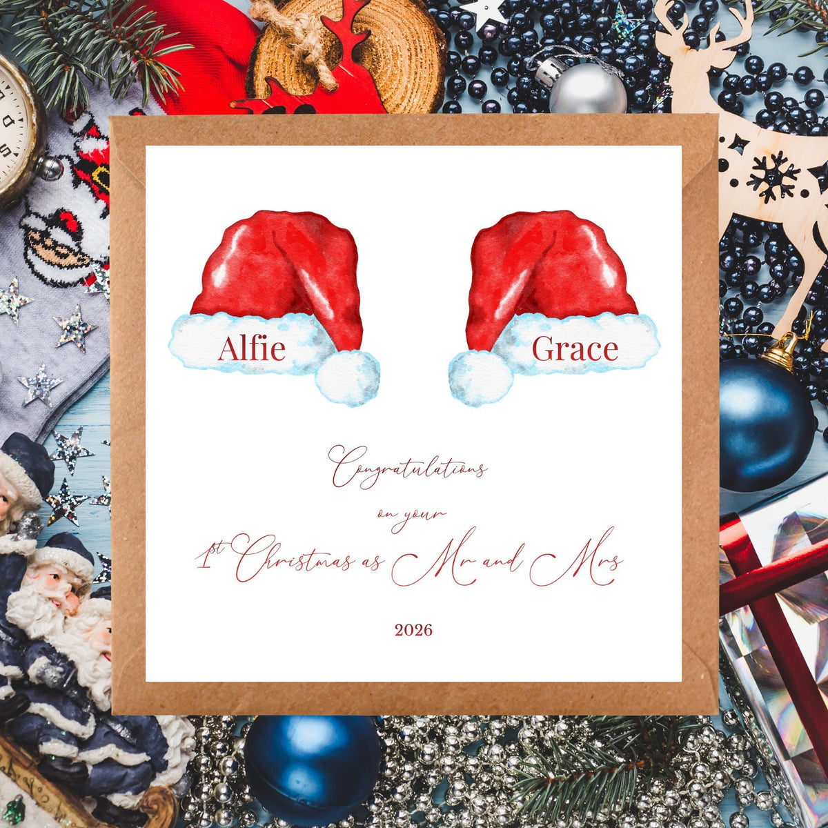 Personalised Mr And Mrs Card, First Christmas 2026 Santa Hat Design