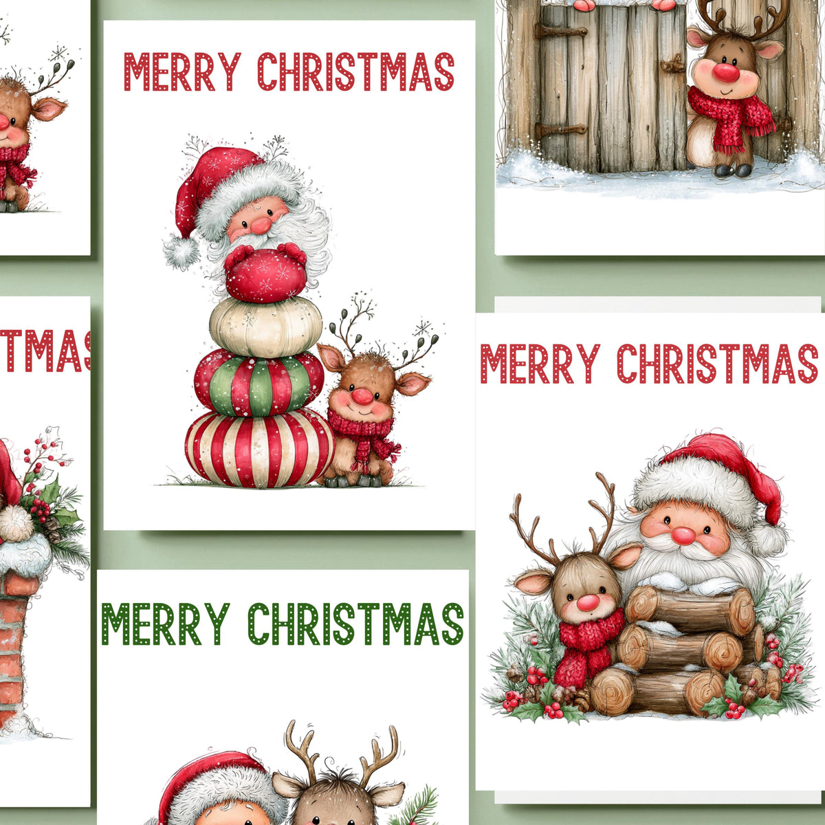 Christmas Card Set, Six Illustrated Holiday Designs with Matching Envelopes