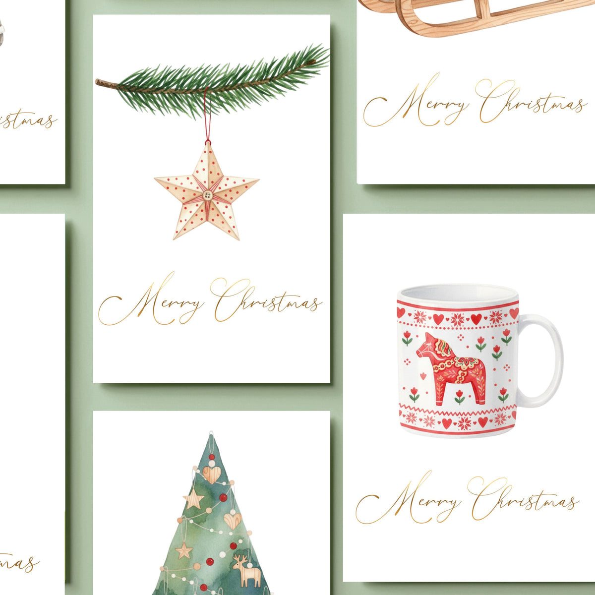 Christmas Card Set, Six Festive Greetings with Scandinavian Illustration's and Gold Foil