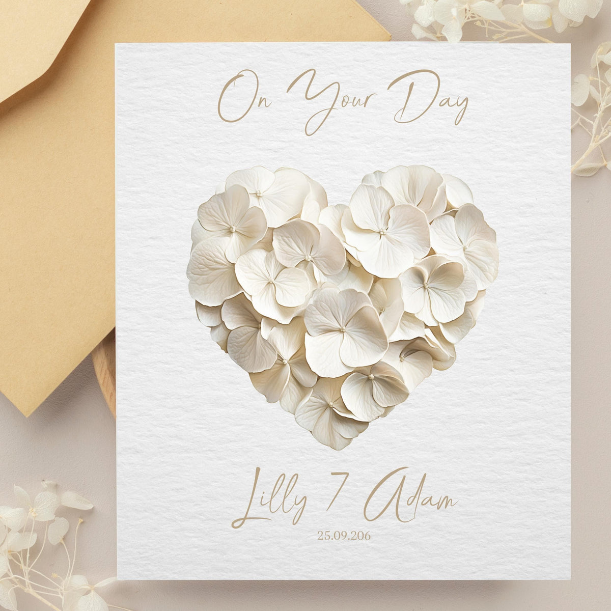 Custom Floral Heart Wedding Card, Personalized Names and Date, Foil Finish