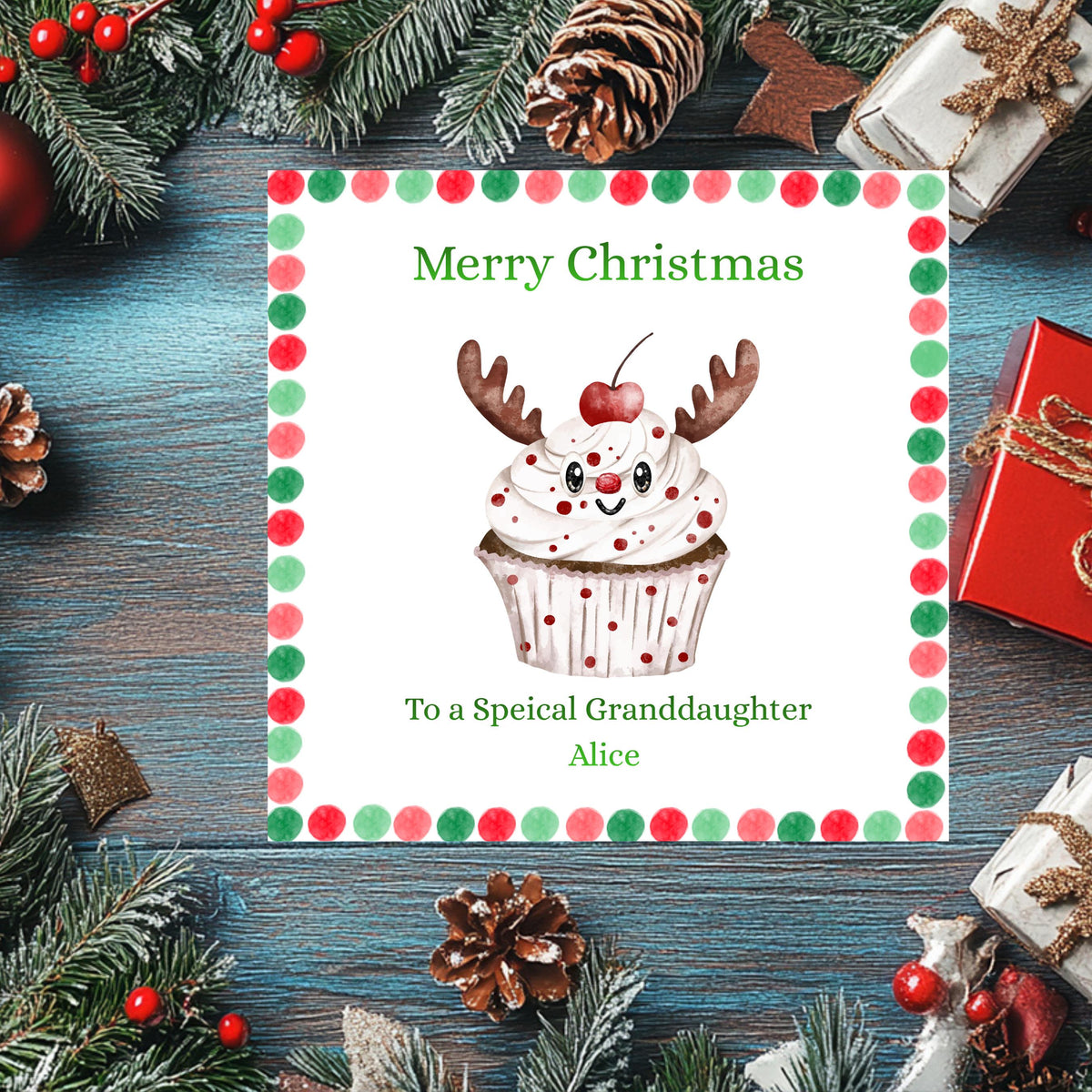 Personalized Card, Christmas Reindeer Cupcake Design with Seven Foil Colours