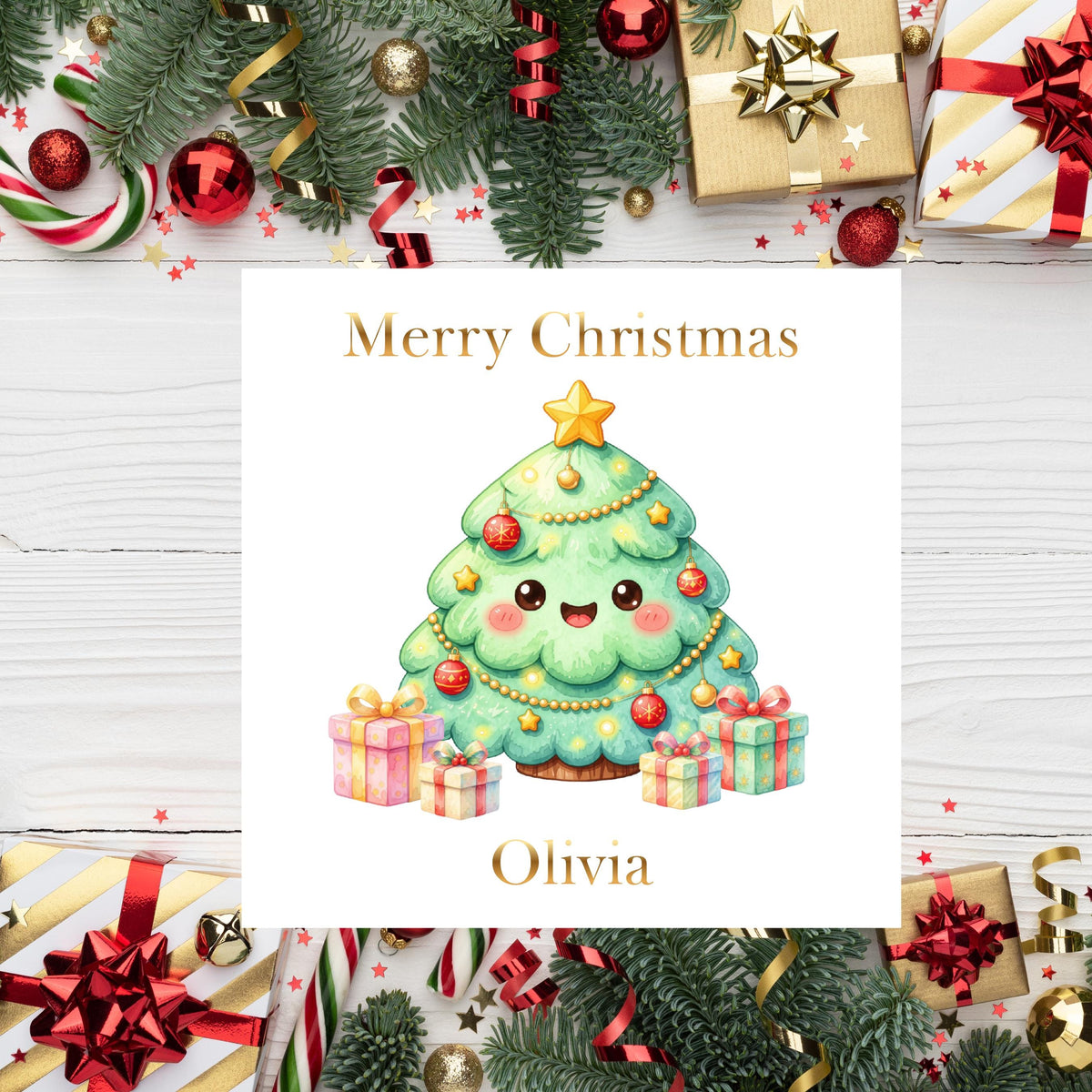 Personalised Name Christmas Tree Card, Gold Foil Finish
