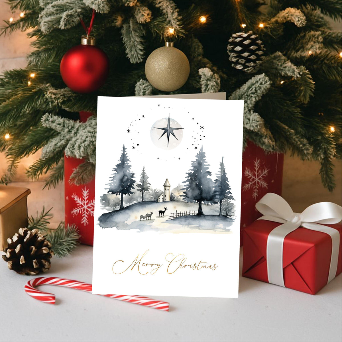 Foil Card Bundle, Six Paper Pieces with Scandinavian Evergreen Design