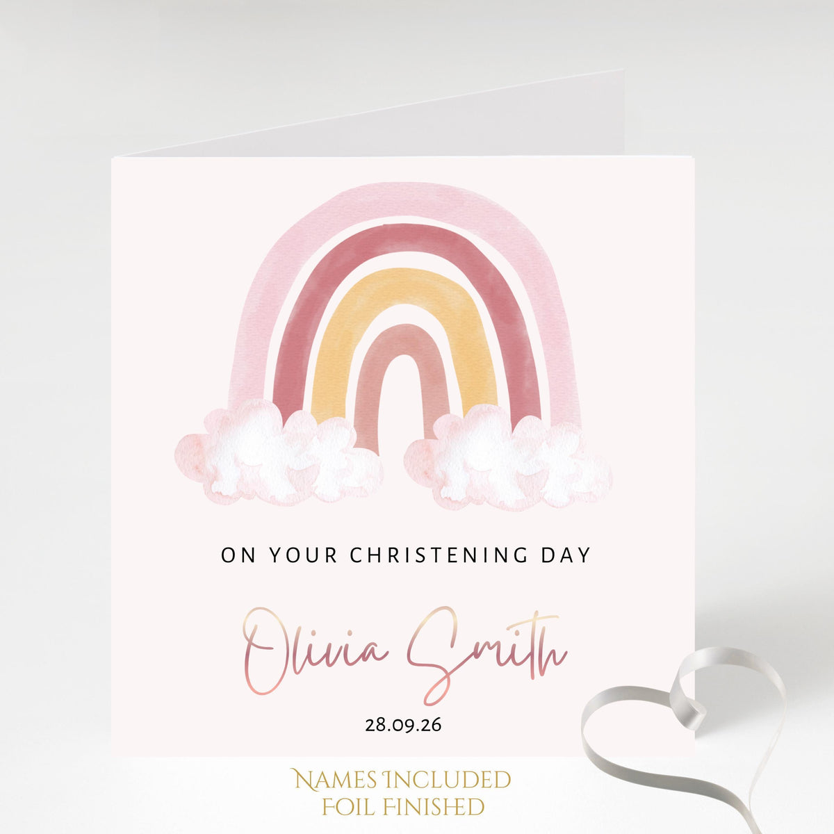Personalised Rainbow Girls Christening Card with Rose Gold Name Custom Date