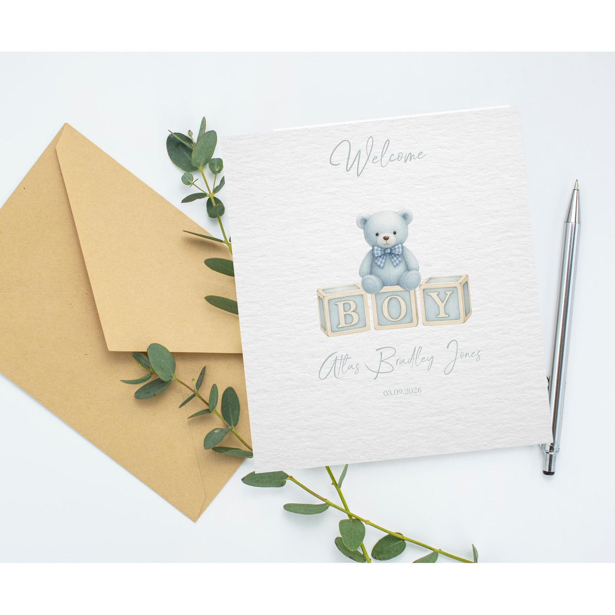 Name And Date Card, Personalized Newborn Keepsake with Teddy Bear
