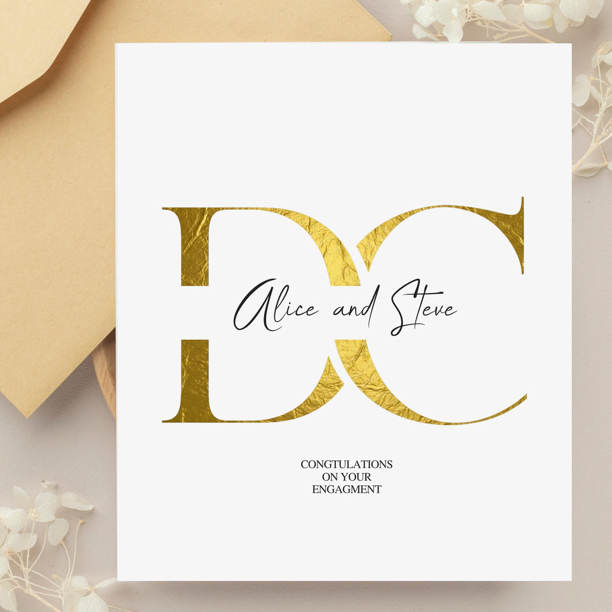 Engagement Card, 6 x 6 Inch Gold Foil Custom Names