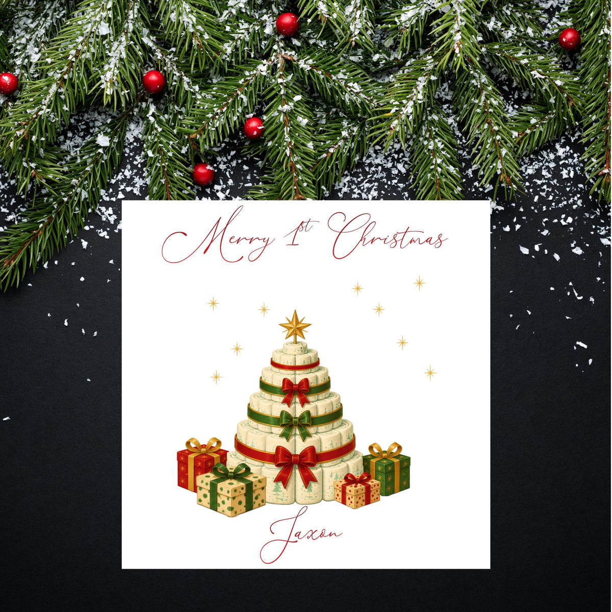 Personalised 1st Christmas Card, Custom Child Name 1st Greeting, Red Foil Finish