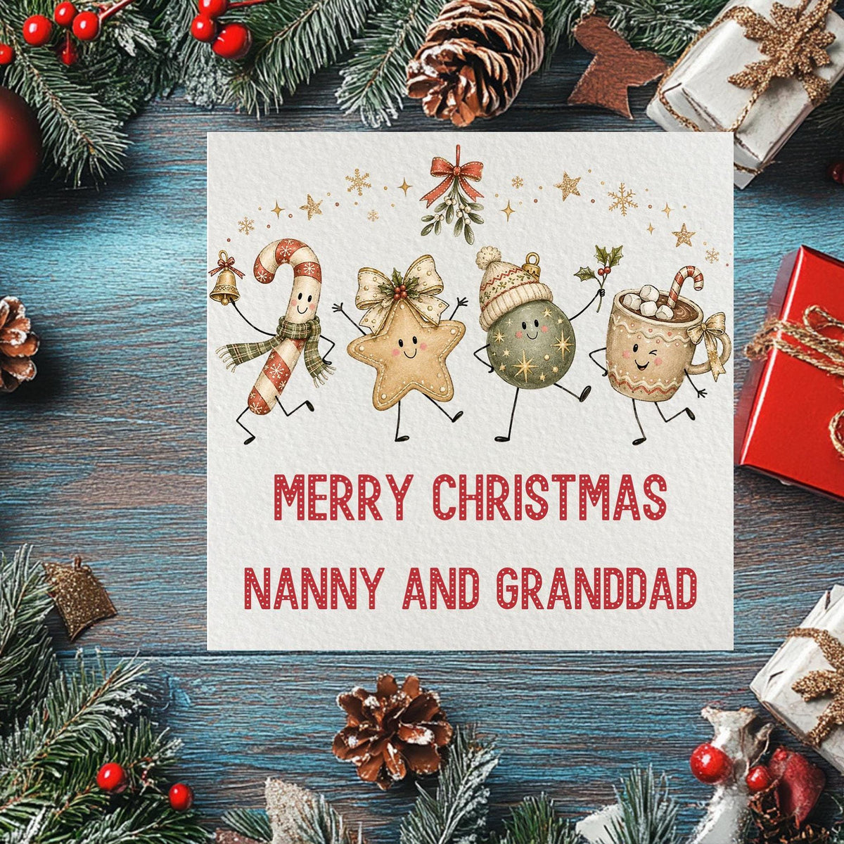 Personalized Family Christmas Card, Illustrated Holiday Scene with Names, 6x6 Paper And Cardstock