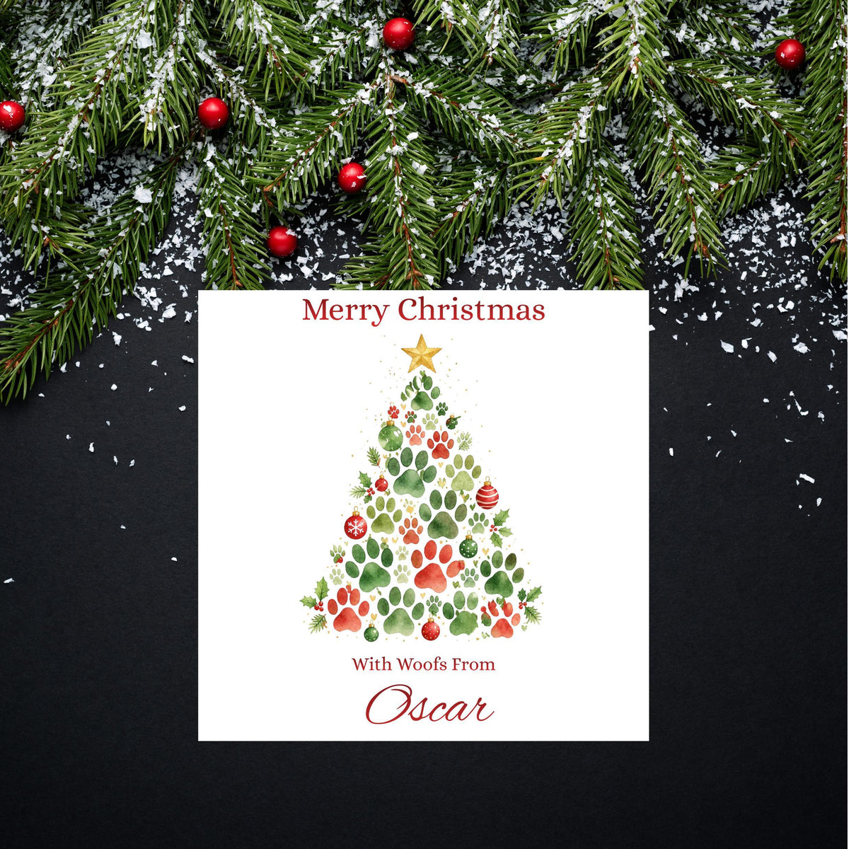 Pet Christmas Card, Custom Pet Name Paw Print Design, Foil Finish