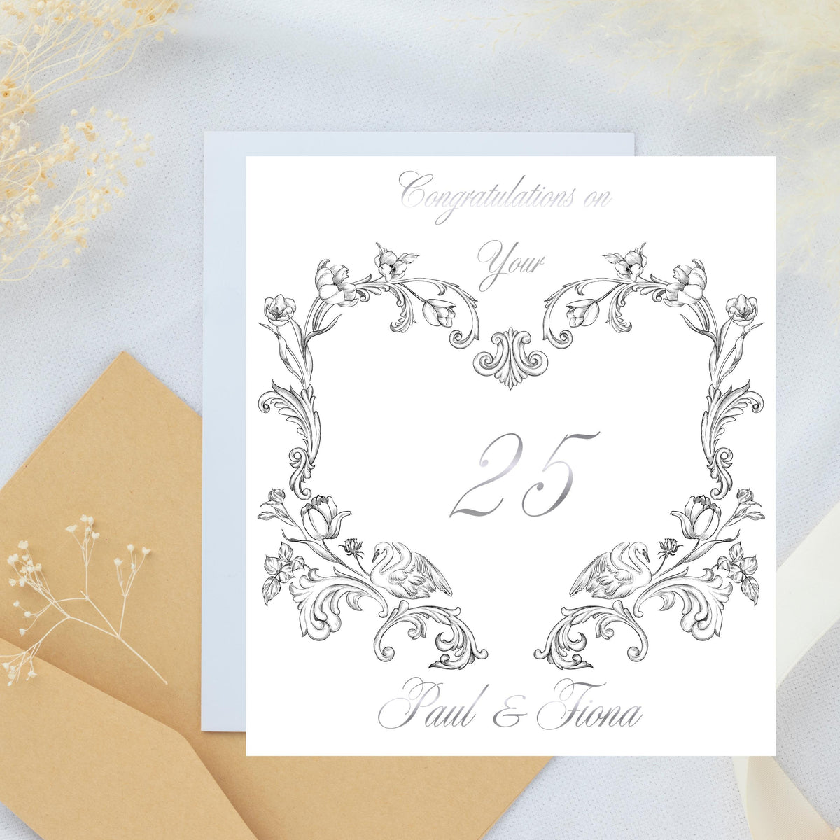 25Th Anniversary Card with Silver Foiled Design, Personalized Floral Keepsake