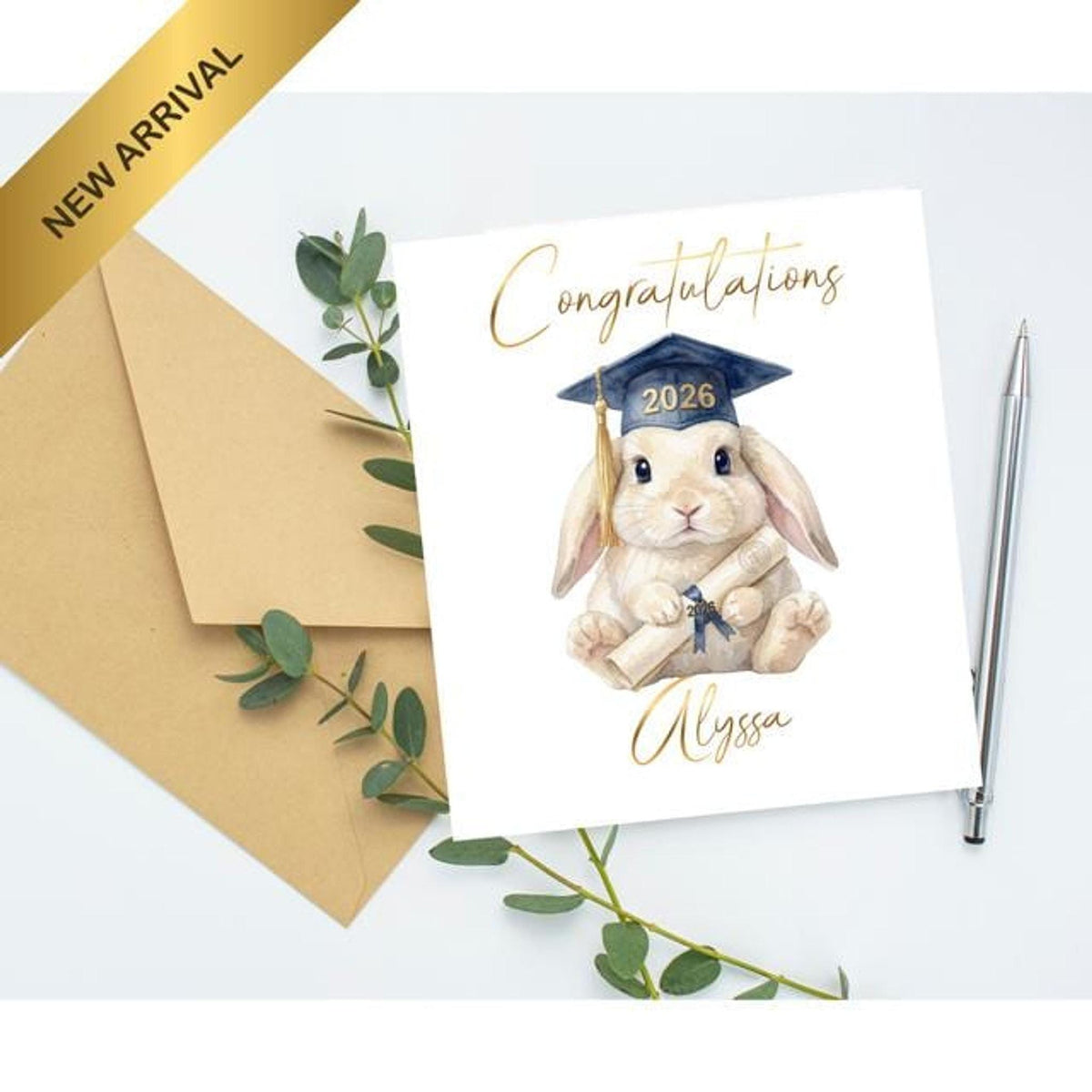 Custom Graduation Card with Bunny Illustration and Foil Finish Matching Gift Tag Available