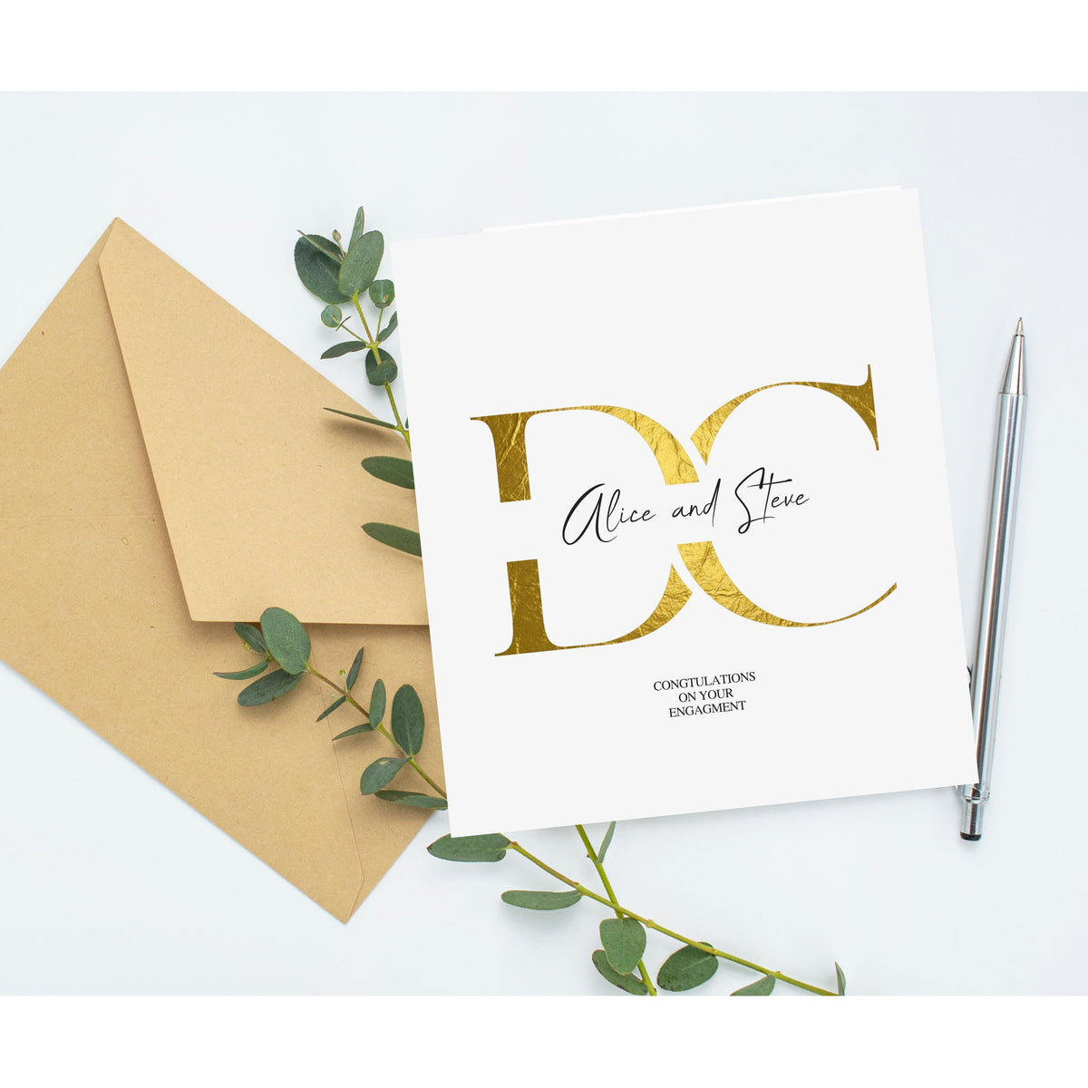 Engagement Card, 6 x 6 Inch Gold Foil Custom Names