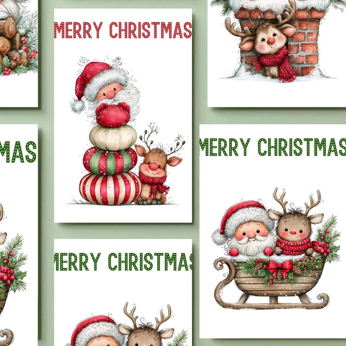 Christmas Card Set, Six Illustrated Holiday Designs with Matching Envelopes