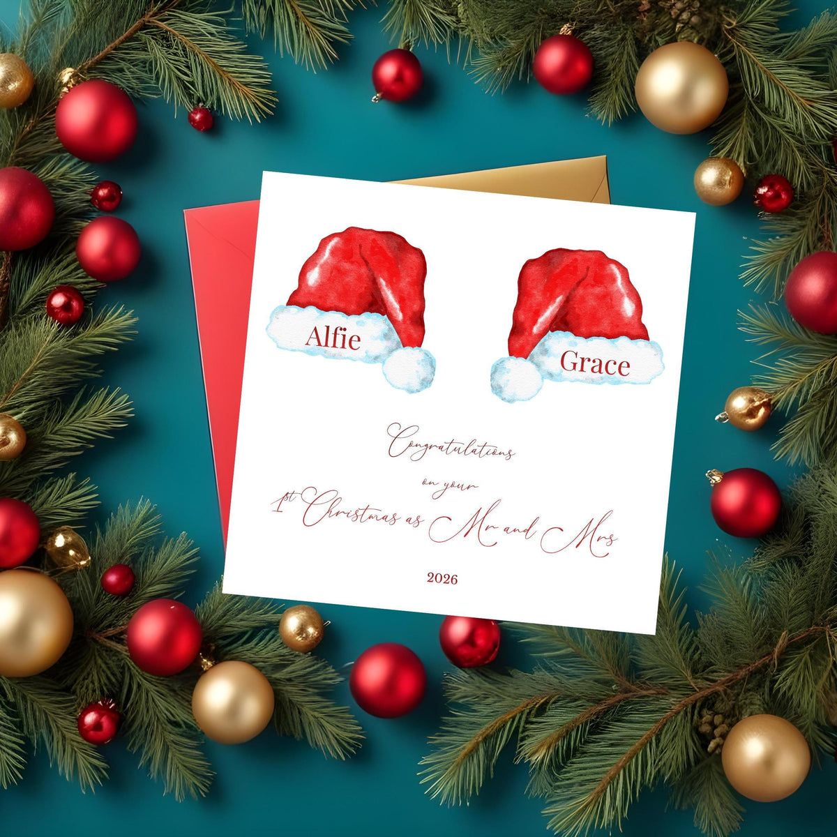 Personalised Mr And Mrs Card, First Christmas 2026 Santa Hat Design