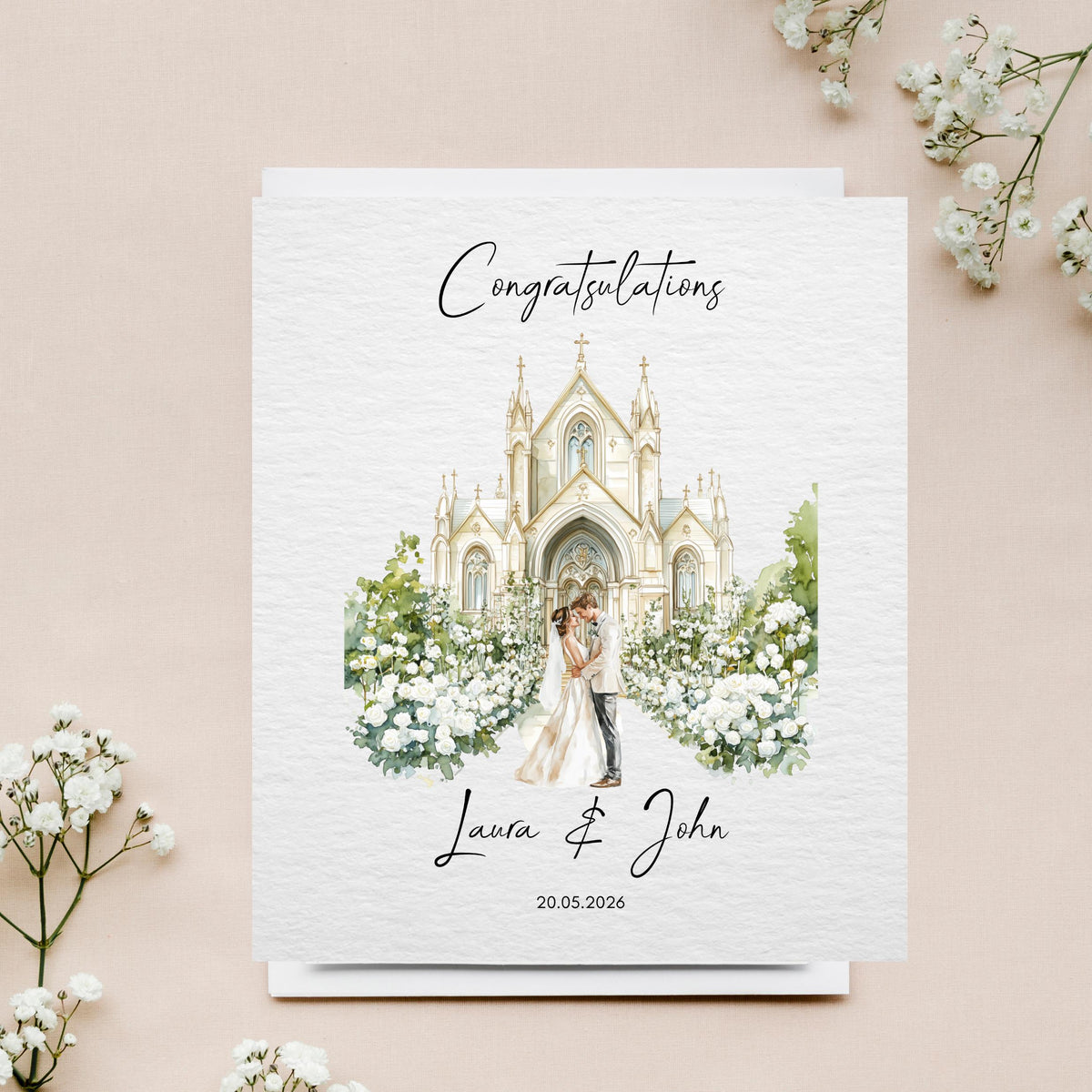 Custom Wedding Card with Couple's Names and Date, Floral Church Design
