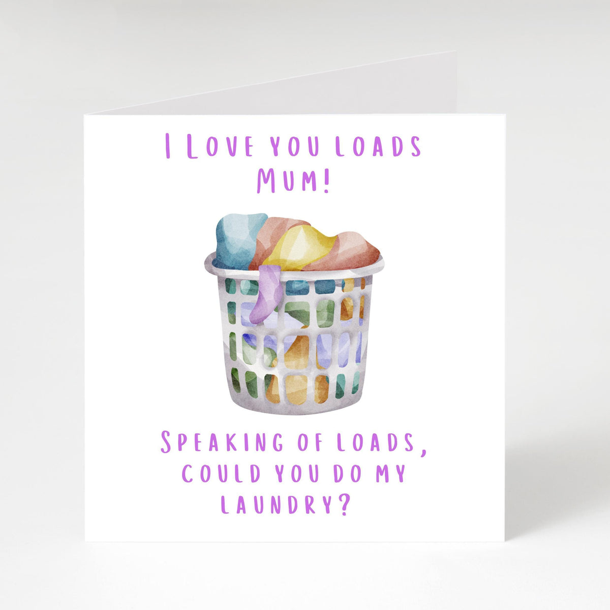 Humorous Laundry Card for Mum, Colorful Basket Illustration, Blank Inside