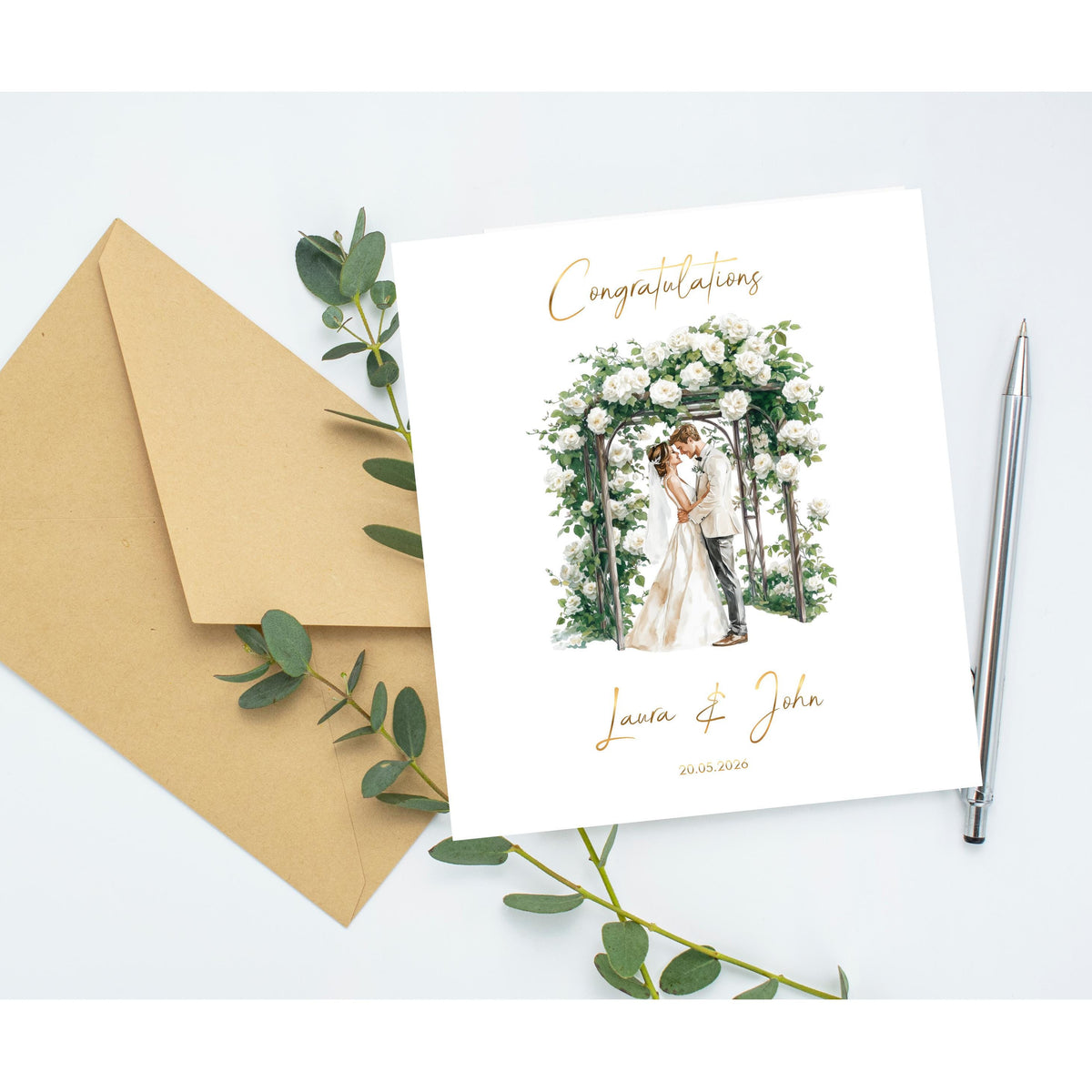 Custom Wedding Card with Couple's Names and Date, Floral Church Design