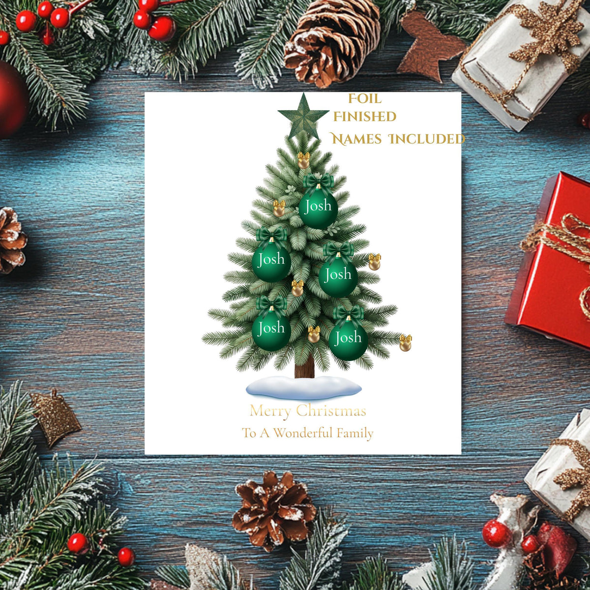Custom Family Card with Foil Finish, Personalized Names for Holiday Greetings