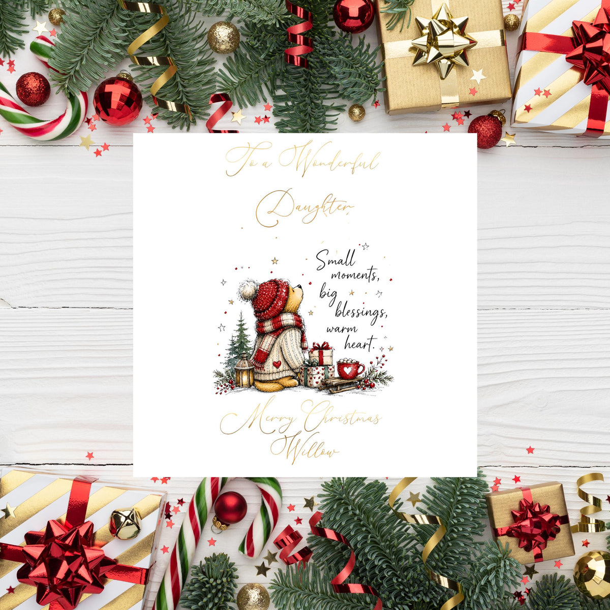 Christmas Card, Personalised Foil Finish with Festive Teddy Bear