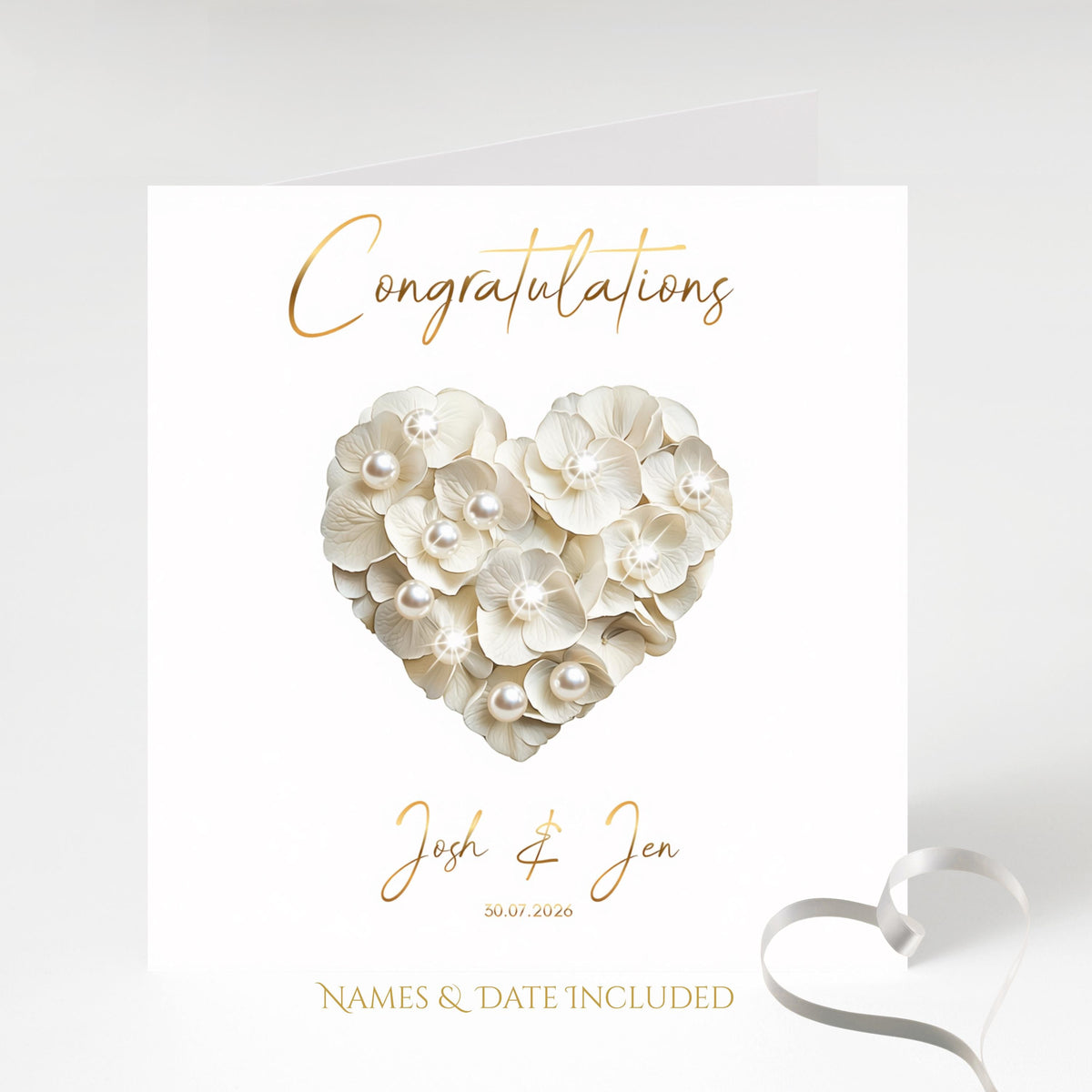Custom Wedding Card, Gold Foil, Faux Pearls, Names and Date Included