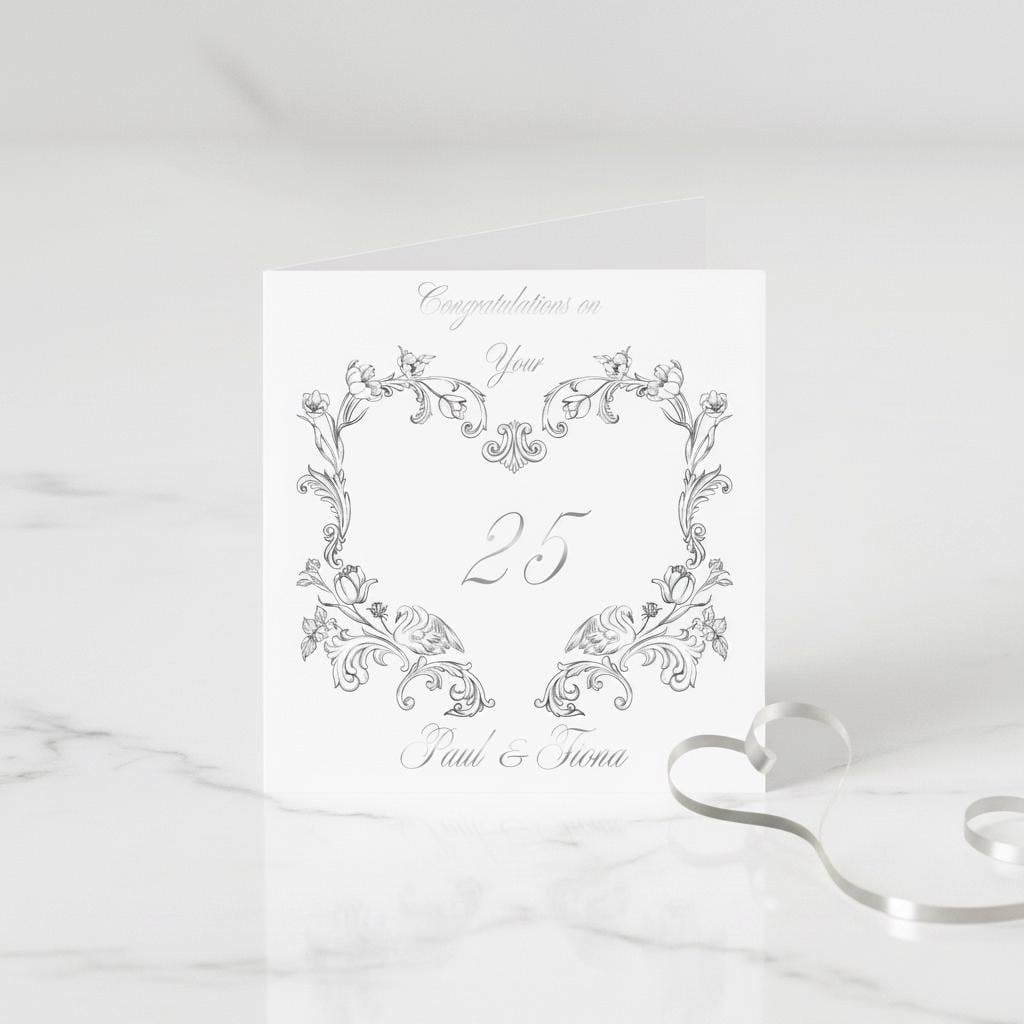 25Th Anniversary Card with Silver Foiled Design, Personalized Floral Keepsake