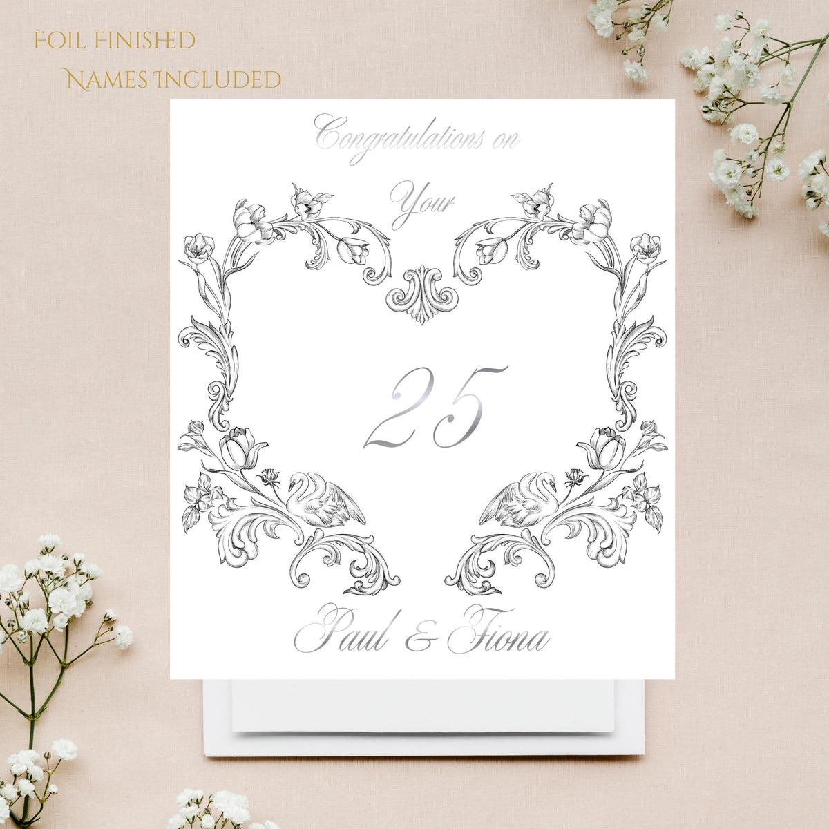 25Th Anniversary Card with Silver Foiled Design, Personalized Floral Keepsake